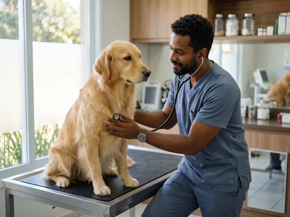 Veterinário examinando com cuidado um golden retriever na mesa da clínica