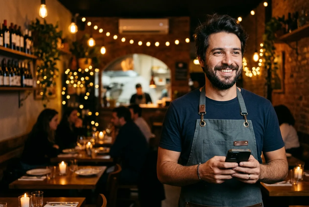 Dono de restaurante sorrindo com o celular na mão, no salão iluminado à noite